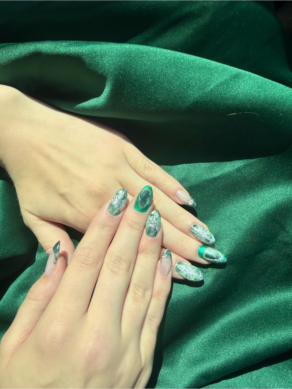 Emerald Marble Long Almond Nails